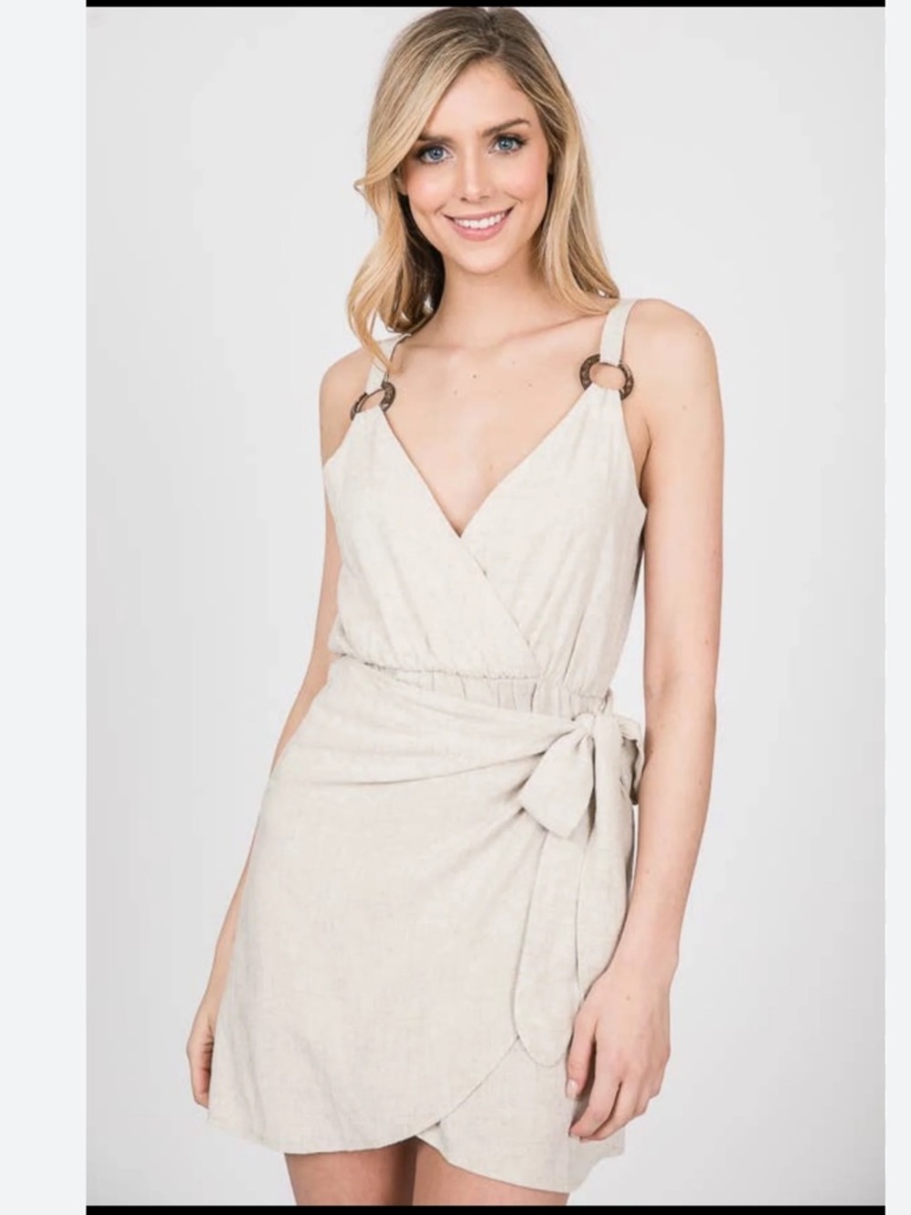 NWT Tan/Cream Wrap Lenin Blend Mini Dress Ring Shoulder Strap detail & Tie Waist